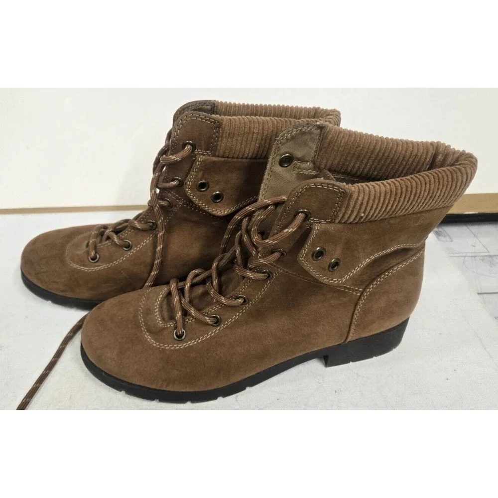 St Johns Bay Boots Womens 7.5 M Yosemite Lace Up Ankle Bootie Brown Fabric